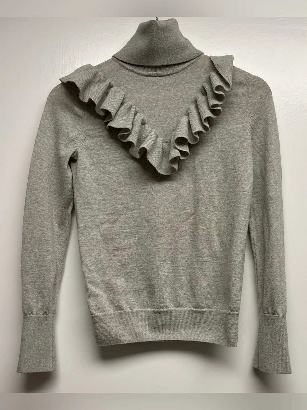 J. Crew Merino Wool Tippi Ruffle Turtleneck Sweater Heather Gray Zip Cuffs XS